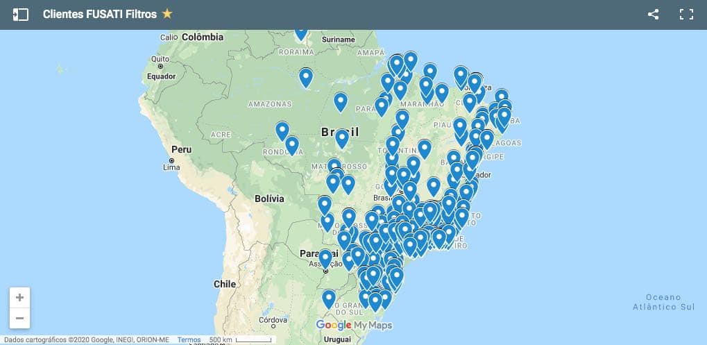 Mapa de Clientes FUSATI Residenciais, Comerciais e Industriais espalhados por todo o Brasil